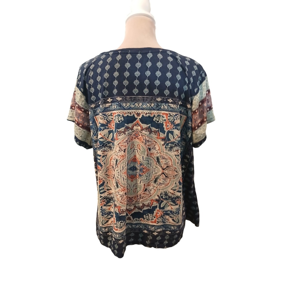 Lucky Brand Navy Blue Boho Medallion Print Short Sleeve Scoop Neck Top 2x Summer - Picture 5 of 9